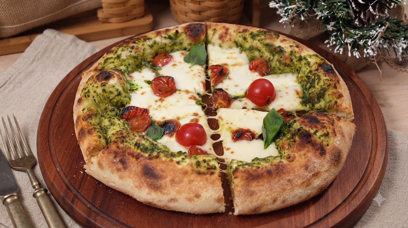 Pizza Casera Artesanal de Pesto y Tomates Asados
