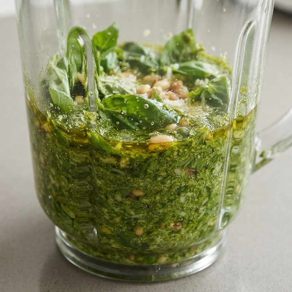 Salsa pesto de albahaca verde recién licuada dentro de un recipiente de vidrio, con una espátula.