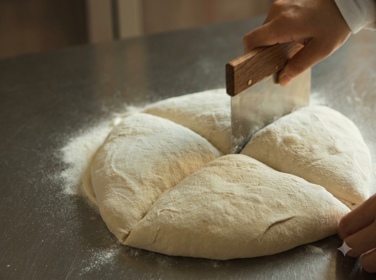 Un cortador de masa de metal dividiendo un gran bloque de masa de pizza en cuatro secciones.