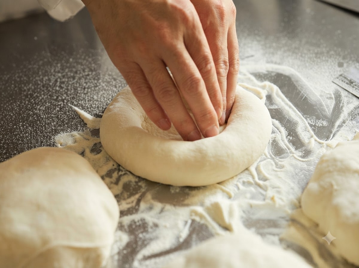 Manos presionando y dando forma circular a un bollo de masa de pizza.