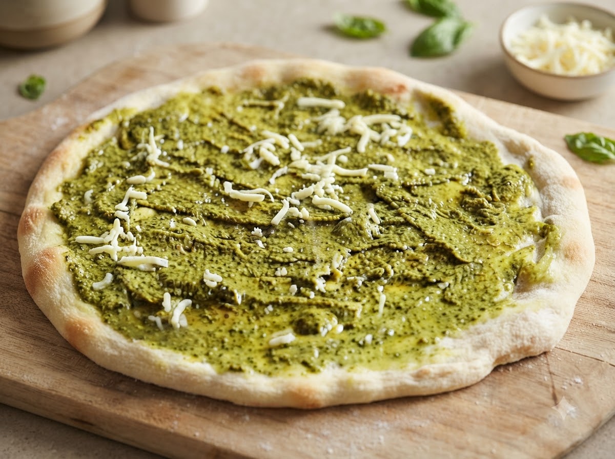 Una base de pizza untada con pesto verde y cubierta con trozos esparcidos de queso mozzarella.