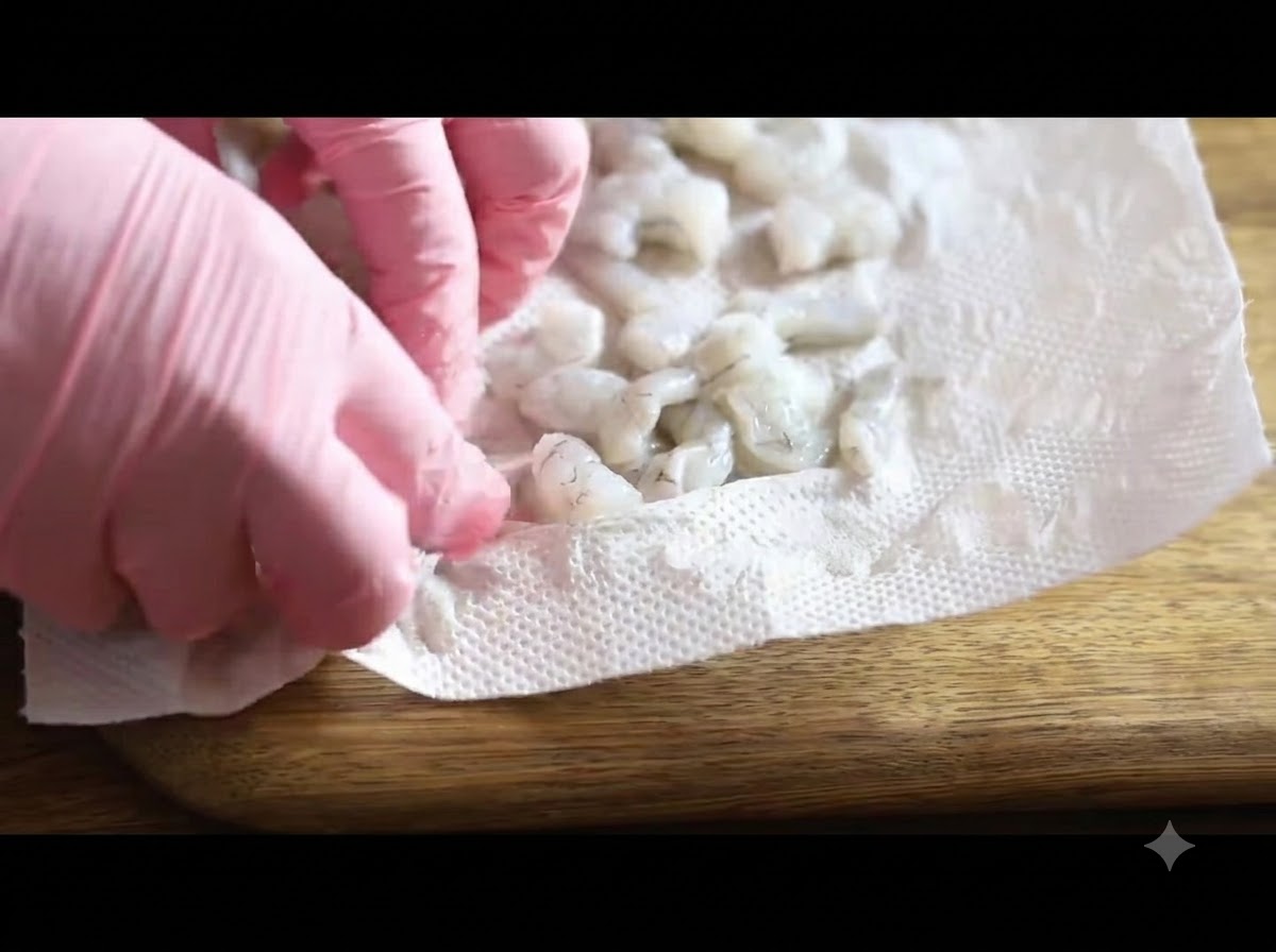 Manos con guantes presionando toallas de papel contra trozos de camarones crudos dispuestos en una tabla de madera.