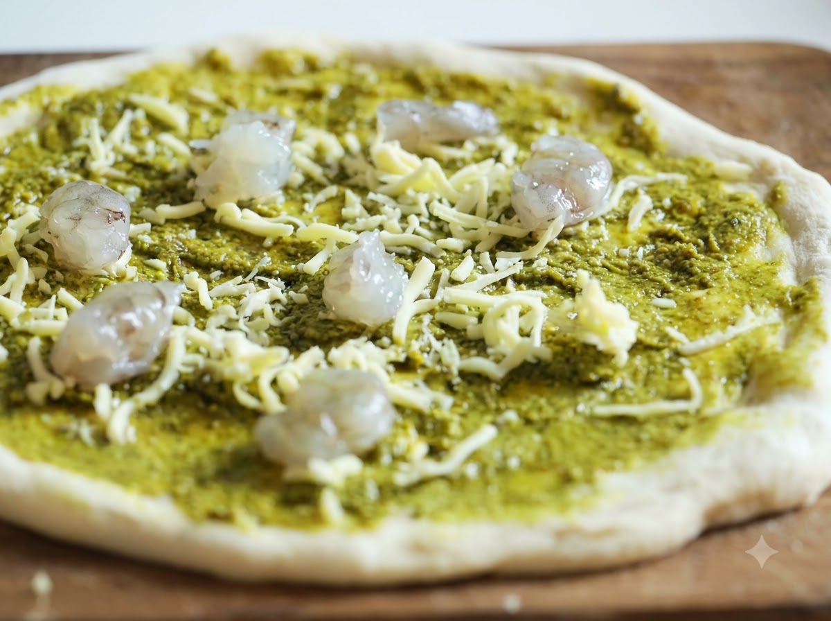 Trozos de camarones crudos distribuidos uniformemente sobre una base de pizza cubierta de pesto y queso.