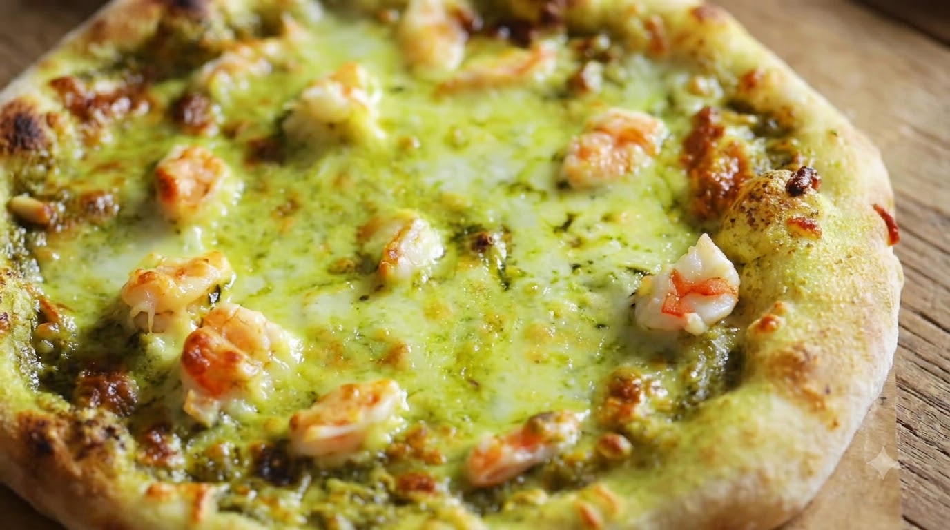 Pizza Rústica de Camarones y Pesto de Albahaca