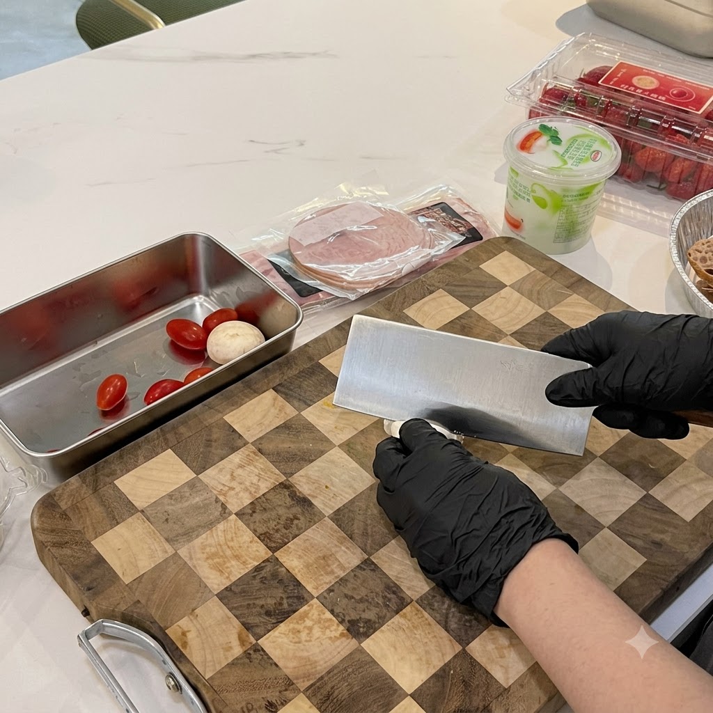 Cortando tomates cherry en Mitades sobre la tabla de cortar.