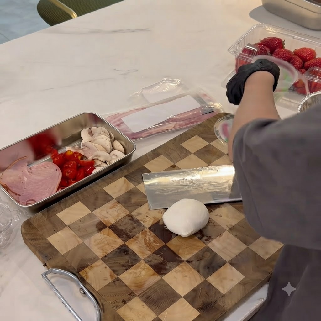 Cortando bolas de queso mozzarella fresco en la tabla de cortar.