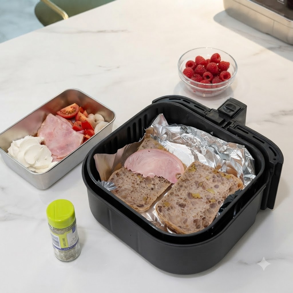 Colocando rodajas de jamón sobre rebanadas de pan forradas con papel de aluminio dentro de una cesta de freidora de aire.