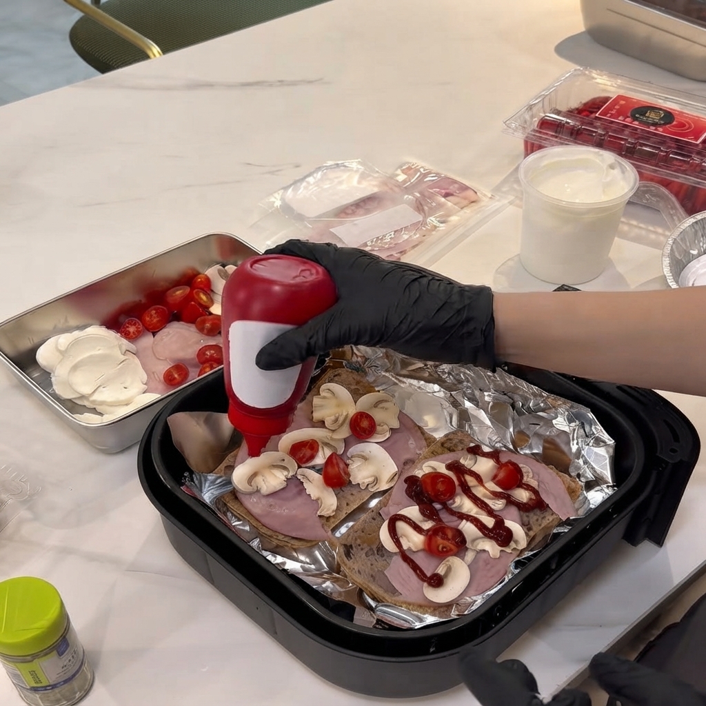 Una mano con guante exprimiendo una botella roja de ketchup sobre los champiñones y el jamón en rodajas sobre el pan.