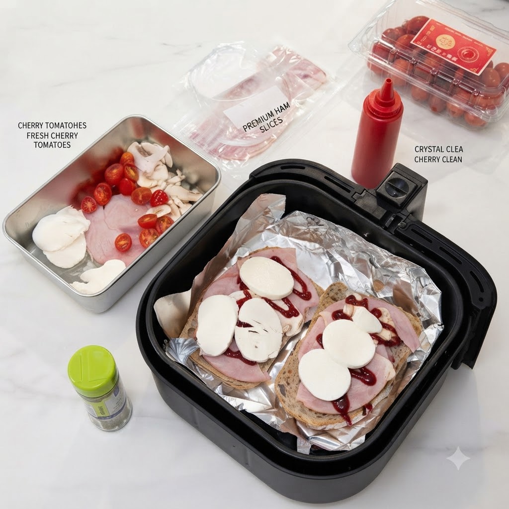 Gruesas rodajas de queso mozzarella fresco dispuestas ordenadamente sobre el jamón y los ingredientes dentro de la freidora de aire.