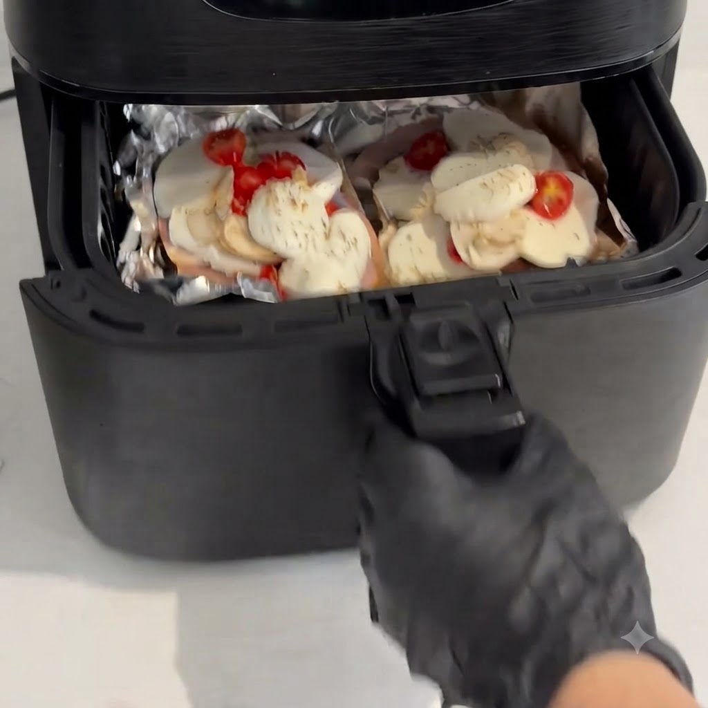 Una mano con guante cerrando la cesta de la freidora de aire con las porciones de pizza preparadas dentro.