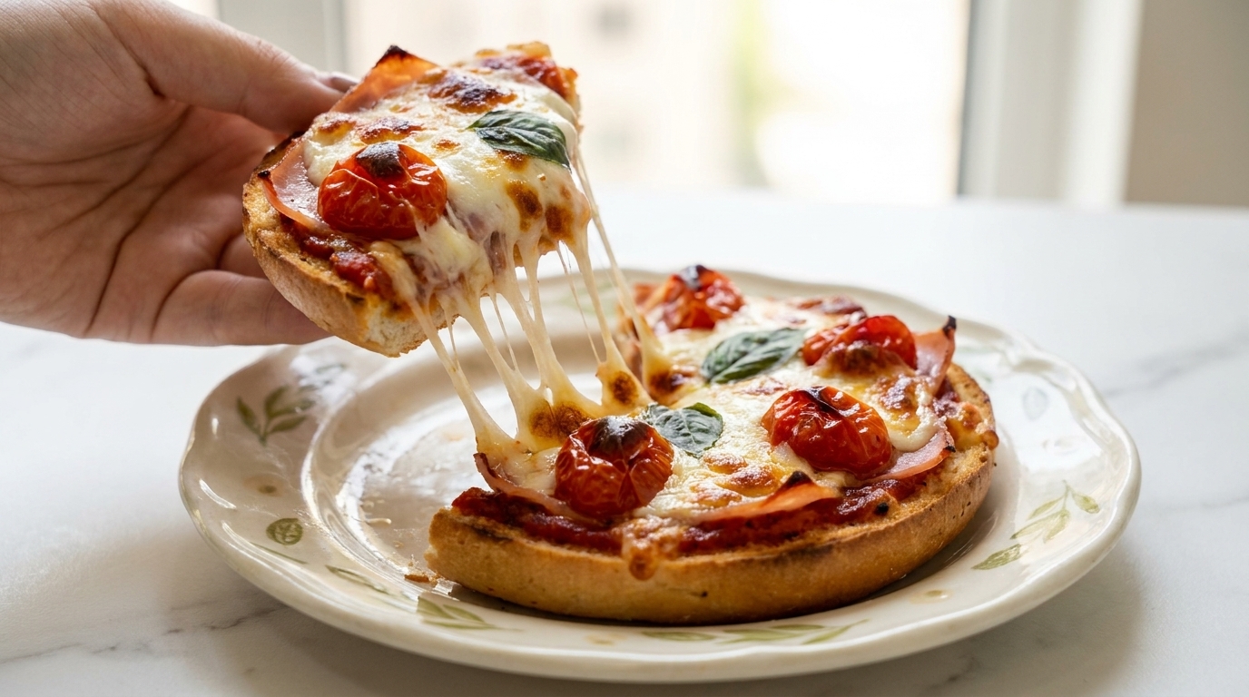 Una rebanada de pizza margarita casera sobre una base de bagel tostado sostenida con queso mozzarella fundido y elástico