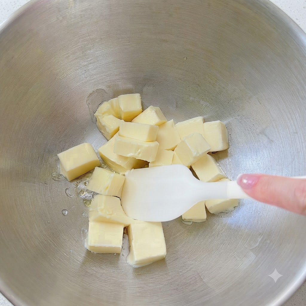 Cubos de mantequilla ablandada y azúcar en polvo mezclándose en un bol de metal con una espátula blanca.
