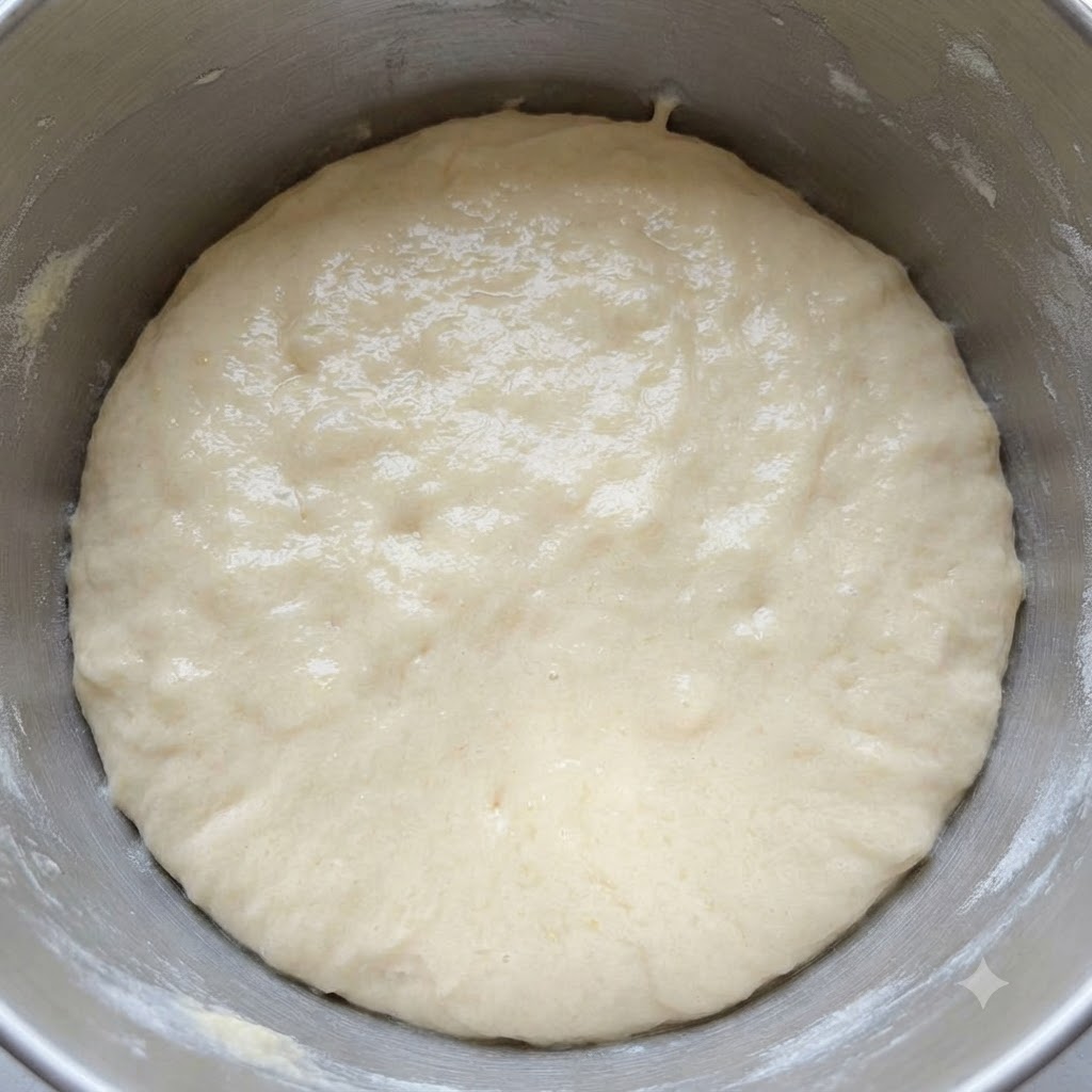 Bola de masa de galleta suave y cohesiva reposando dentro de un bol mezclador de acero inoxidable.