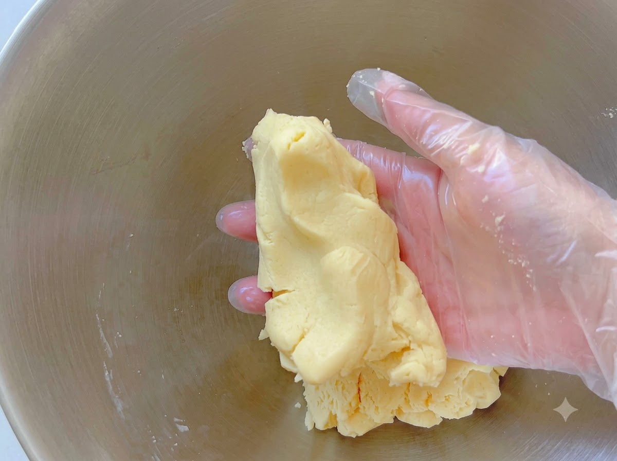 Mano con guante sosteniendo una porción de masa de galleta amarillenta dentro de un bol mezclador.