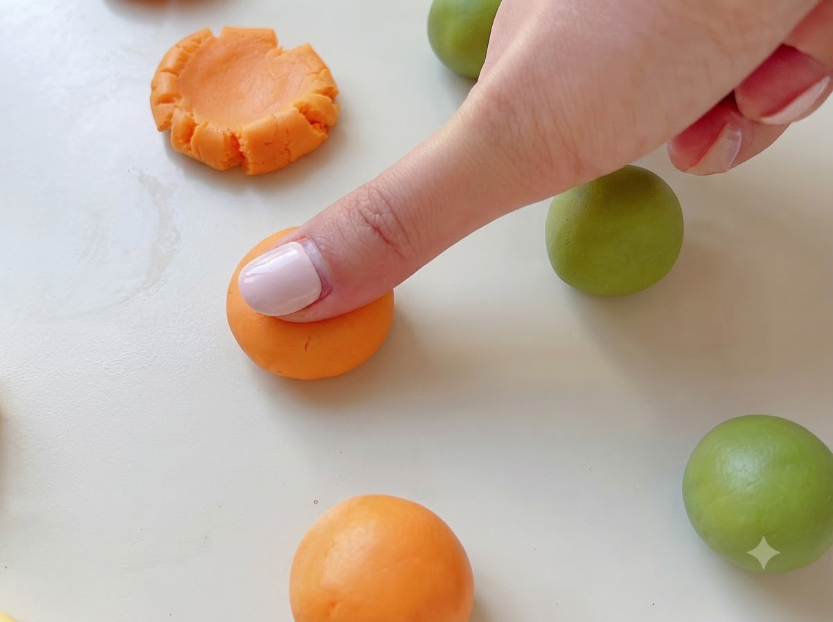Un dedo presionando suavemente hacia abajo sobre una bola de masa naranja para aplanarla.