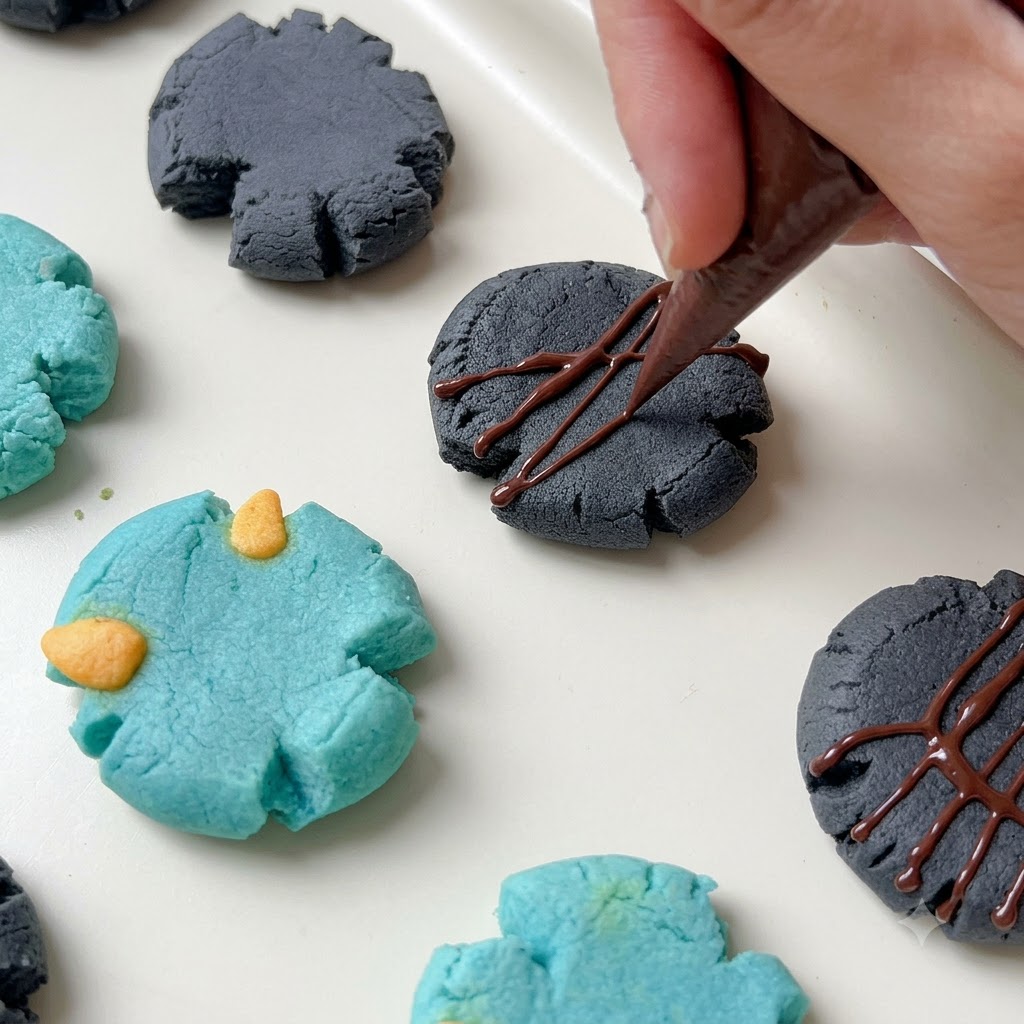 Una manga pastelera dibujando líneas intrincadas de chocolate sobre galletas oscuras horneadas.