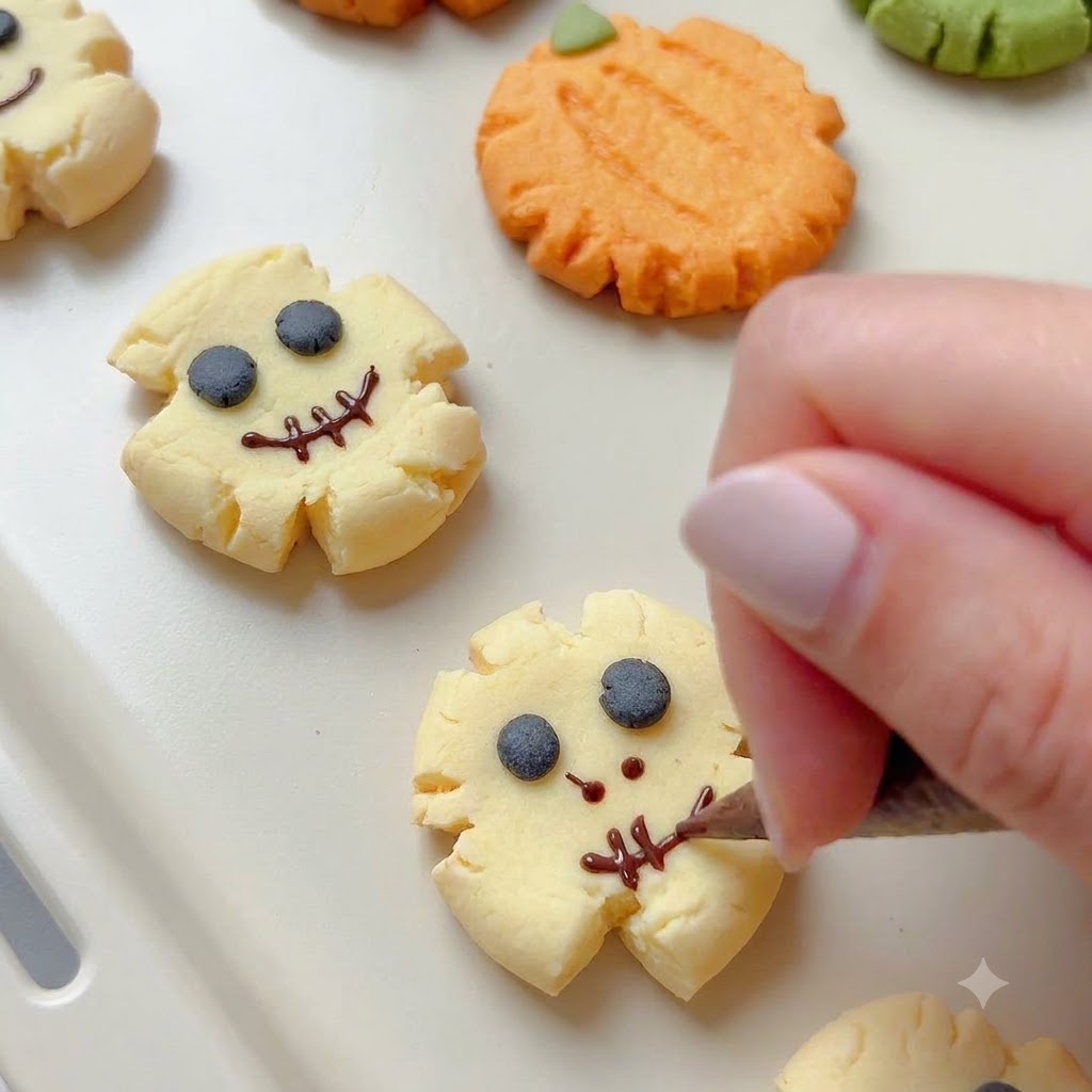 Una manga pastelera añadiendo sonrisas y ojos cosidos espeluznantes a calaveras de galleta horneadas.