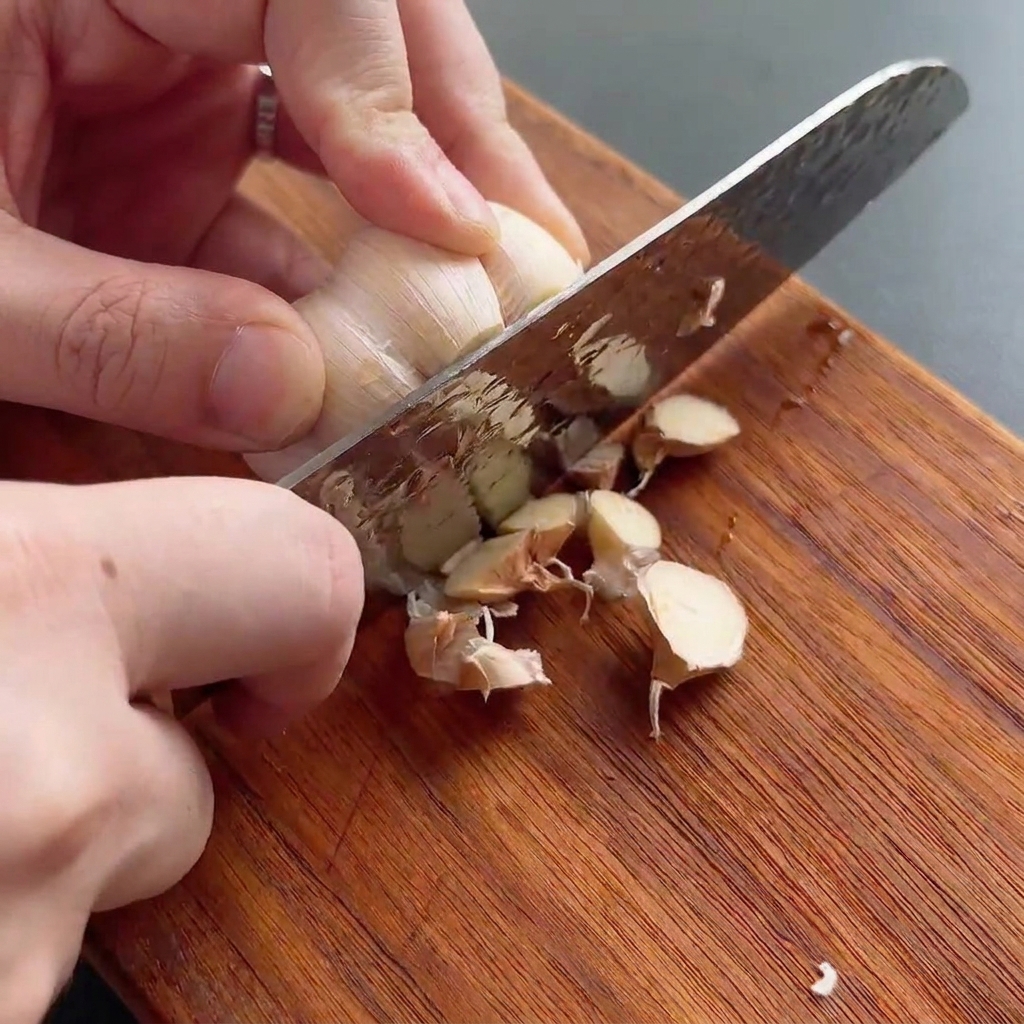 Una cabeza de ajo entera siendo cortada por la parte superior con un cuchillo afilado sobre una tabla de madera.