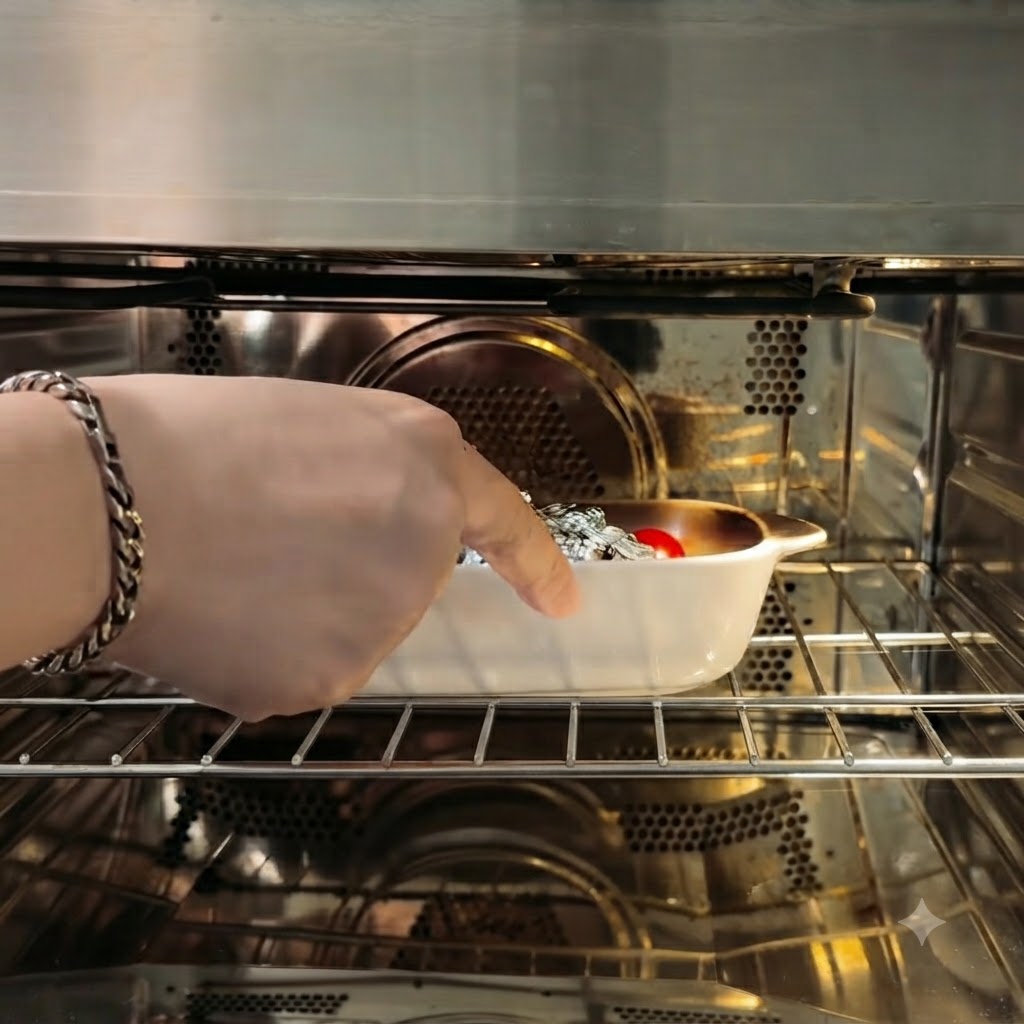 Una fuente de cerámica blanca para hornear con el ajo envuelto y tomates cherry, colocándose en la rejilla del horno.