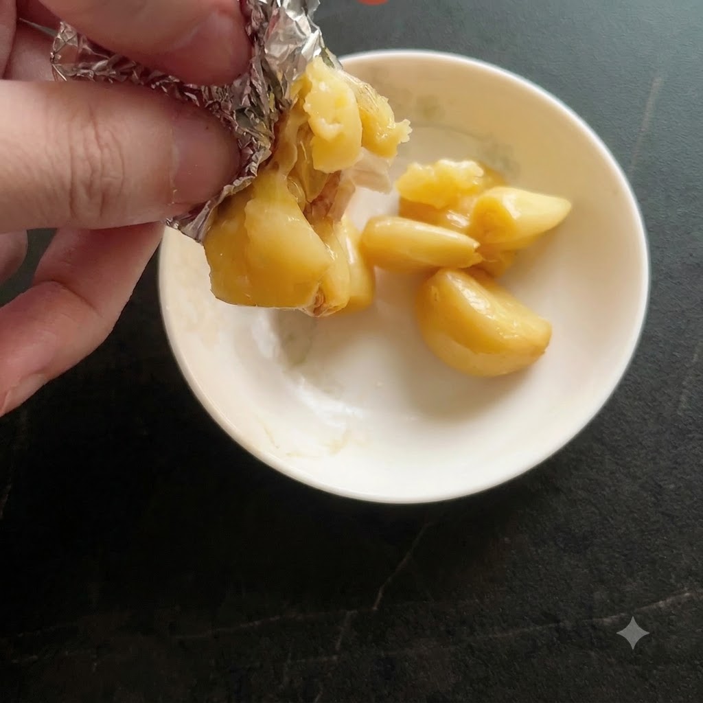 Dientes de ajo asados suaves siendo exprimidos de su envoltura de papel de aluminio a un tazón de cerámica blanca.