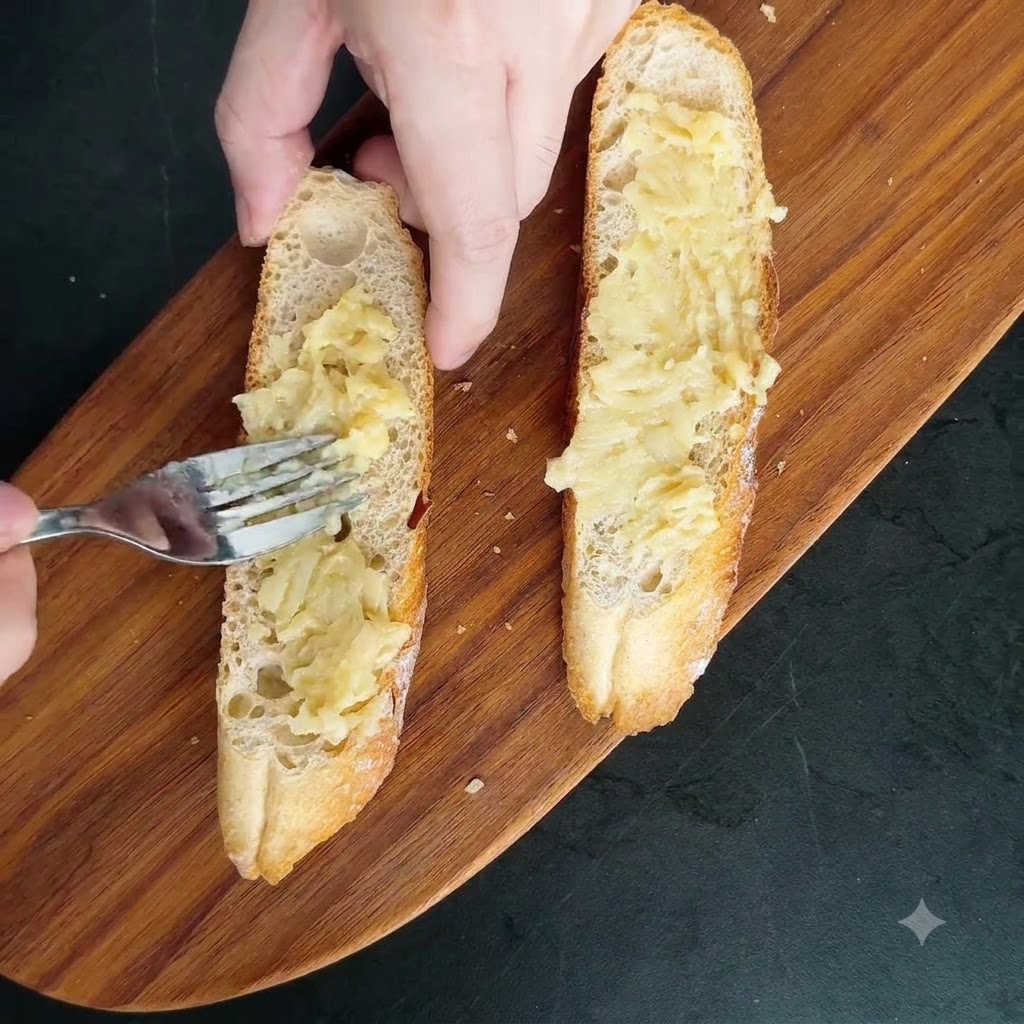 Puré de ajo asado untado sobre rebanadas de baguette tostadas en una tabla de cortar de madera con un tenedor.