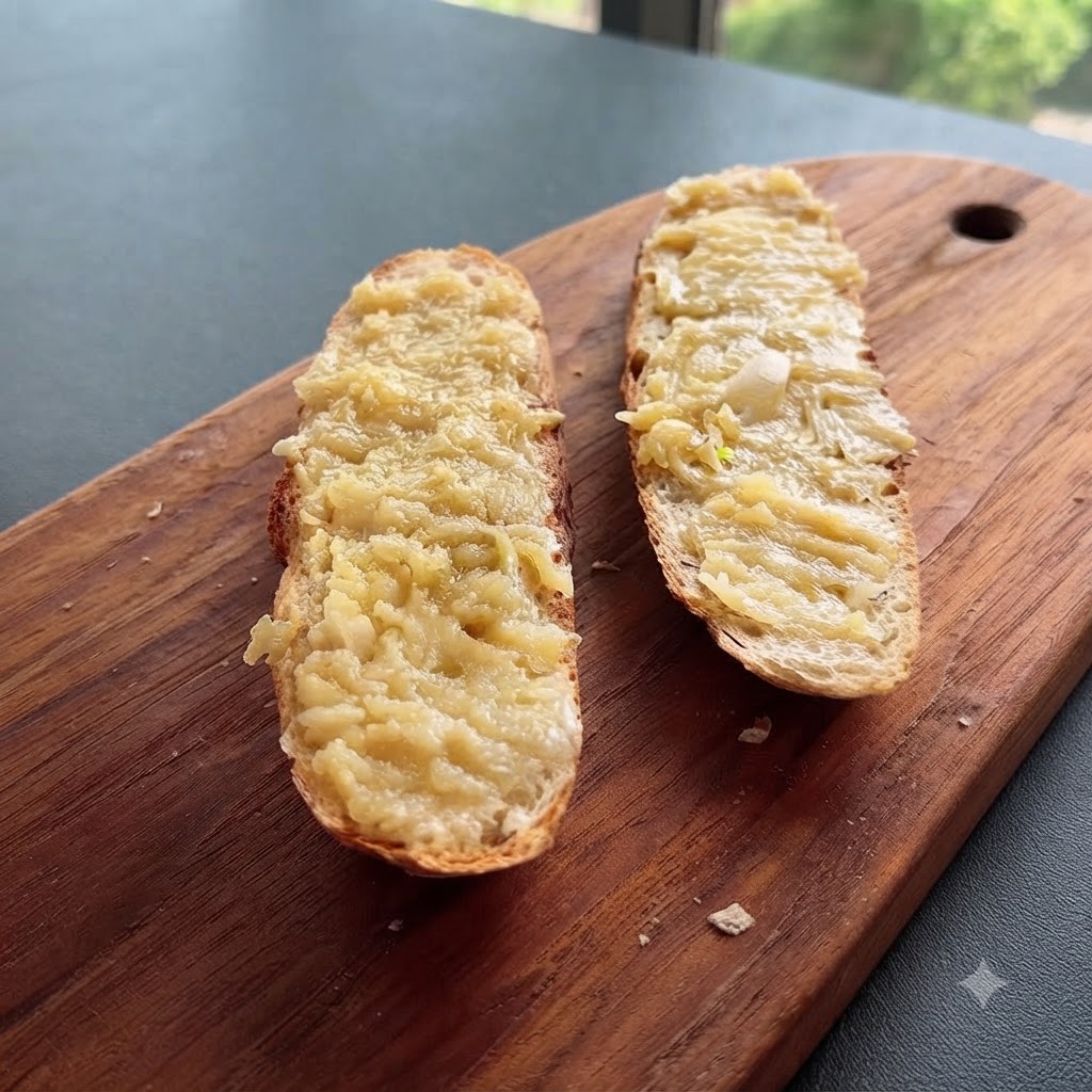 Hojas de rúcula verde fresca apiladas ordenadamente sobre las rebanadas de baguette tostadas con ajo.