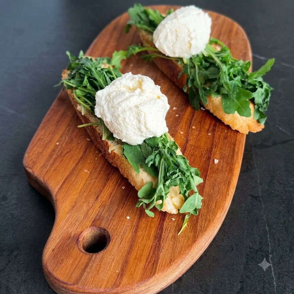 Una porción gruesa de queso de yogur cremoso blanco sobre la rúcula en una rebanada de baguette.