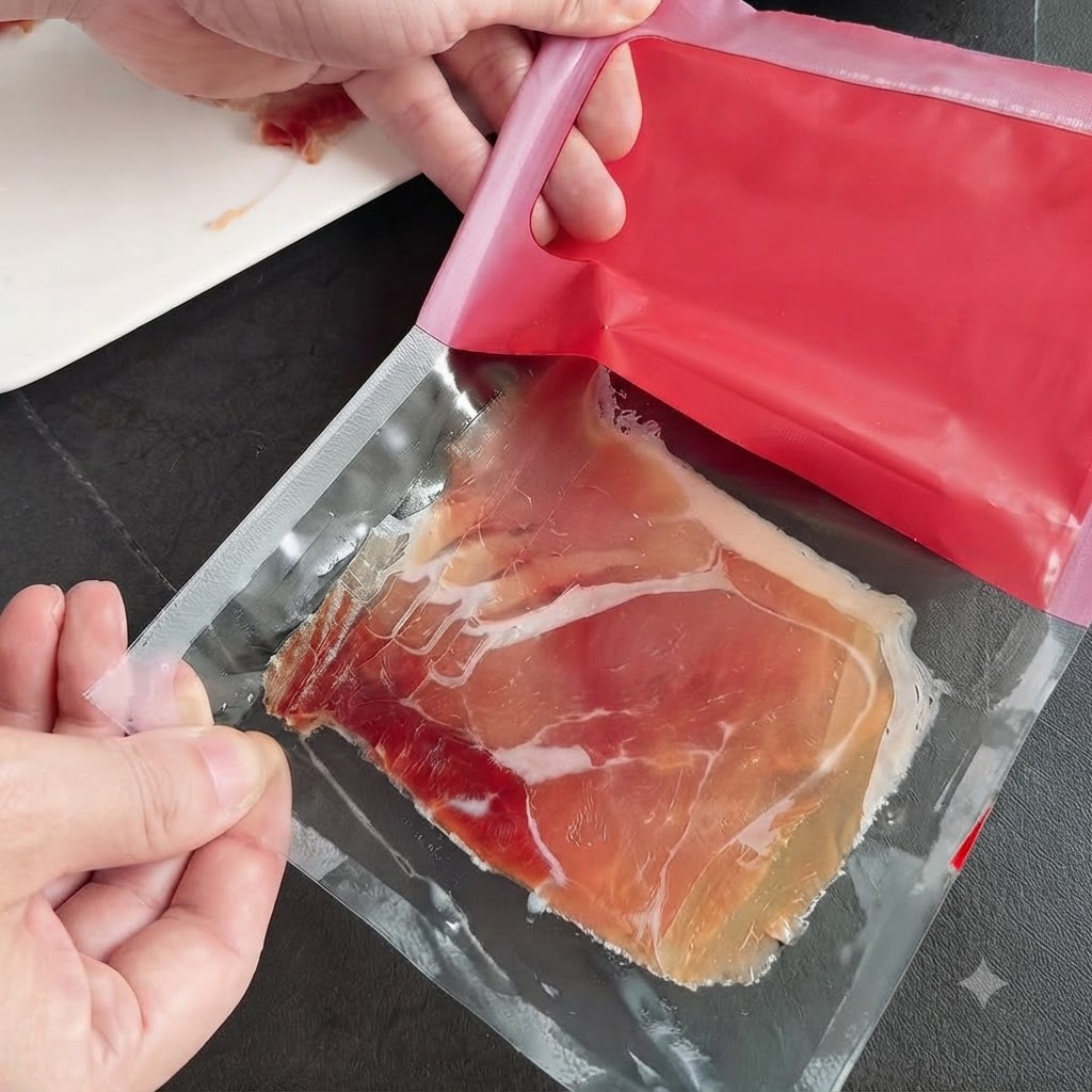 Primer plano de unas manos abriendo un paquete sellado al vacío de rebanadas de jamón serrano curado.