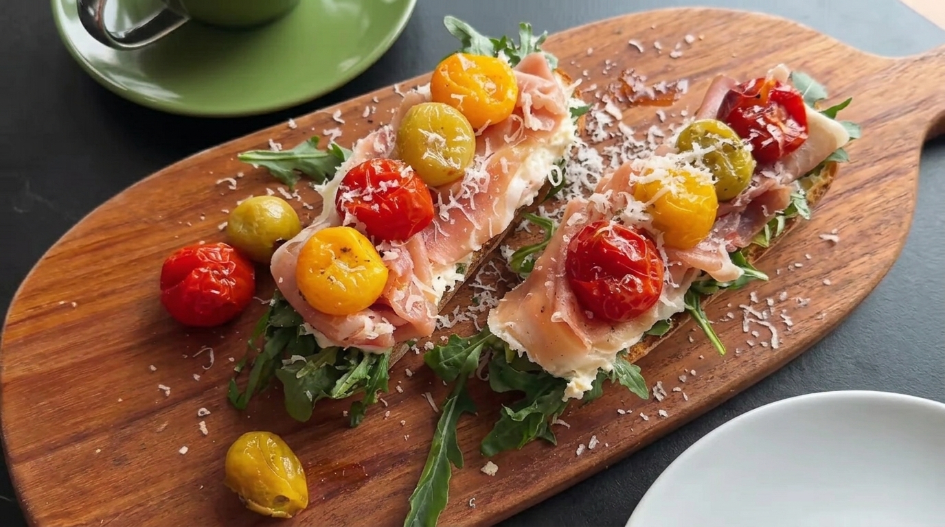 Tapas de Jamón Serrano, Tomate y Ajo Asado