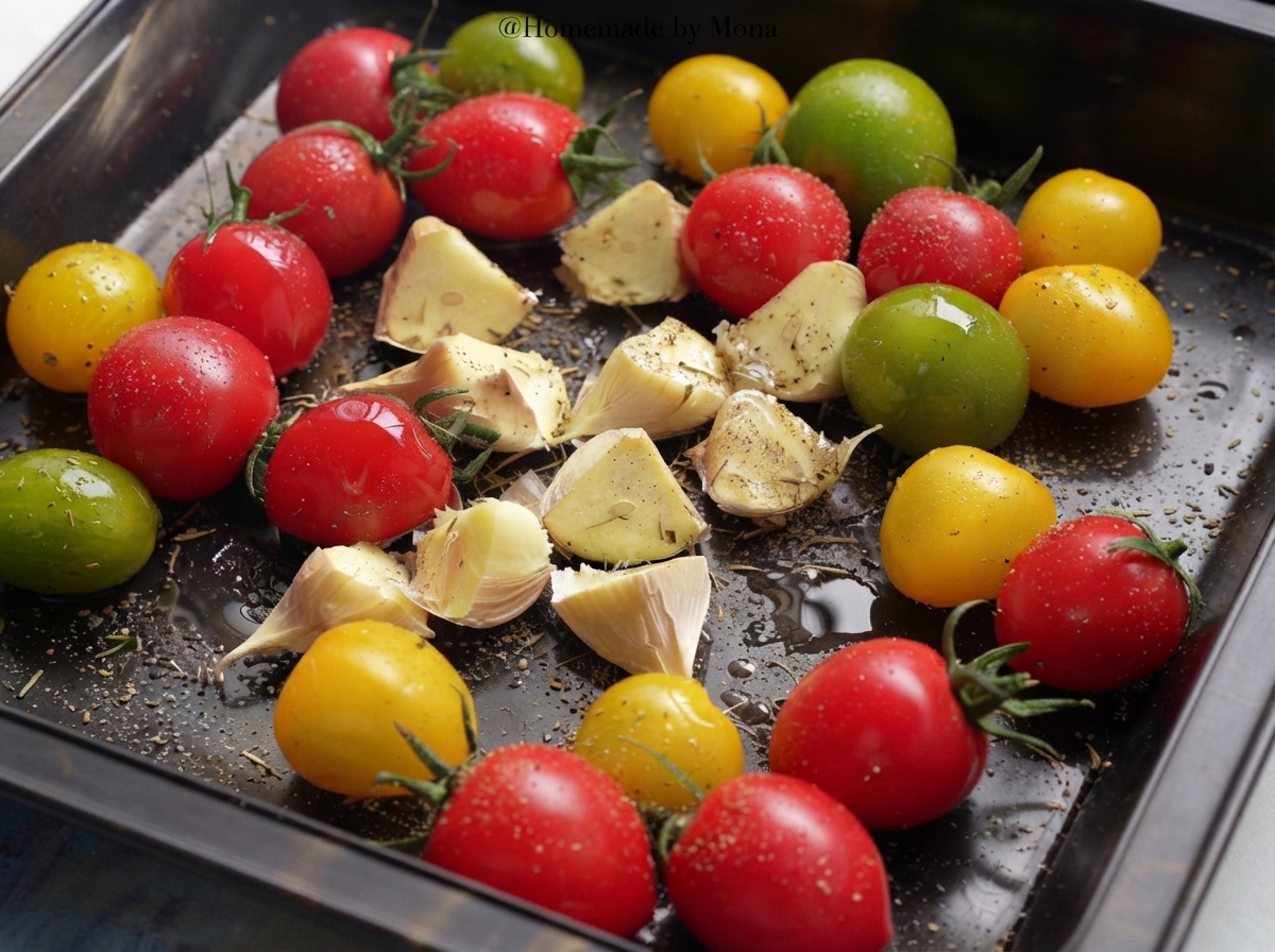 Bandeja de horno con tomates y ajos condimentados dentro de un horno caliente.
