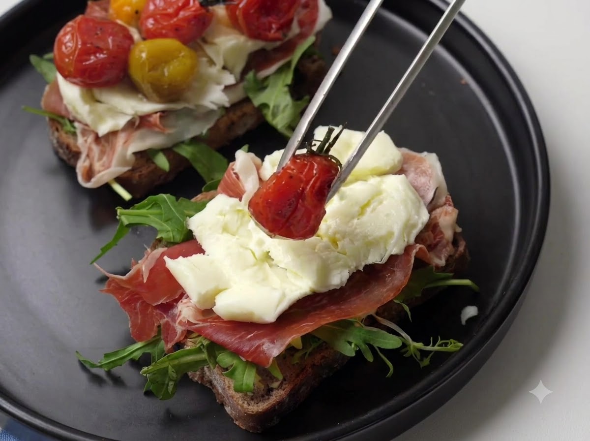 Pinzas de cocina colocando un tomate cherry asado caliente sobre el sándwich montado.