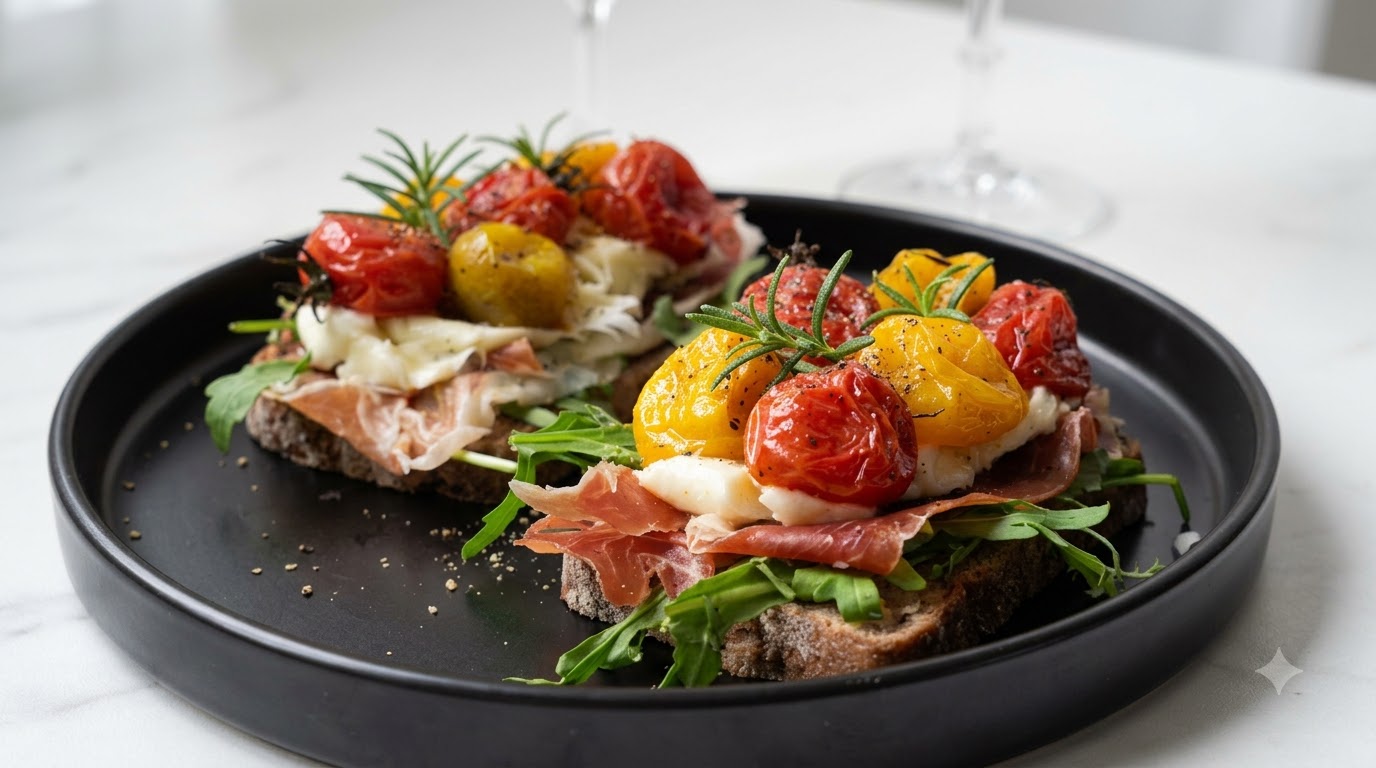 Sándwich Abierto de Tomate Asado y Jamón