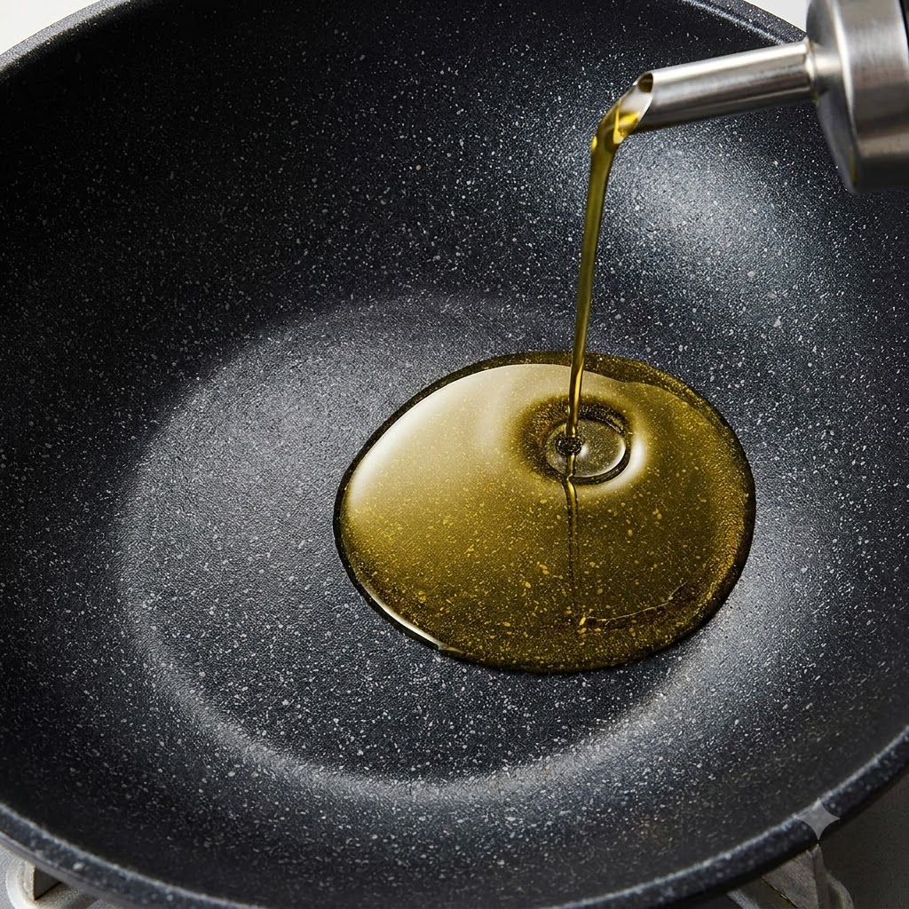 Aceite de cocina vertiéndose en un wok negro caliente sobre la estufa.