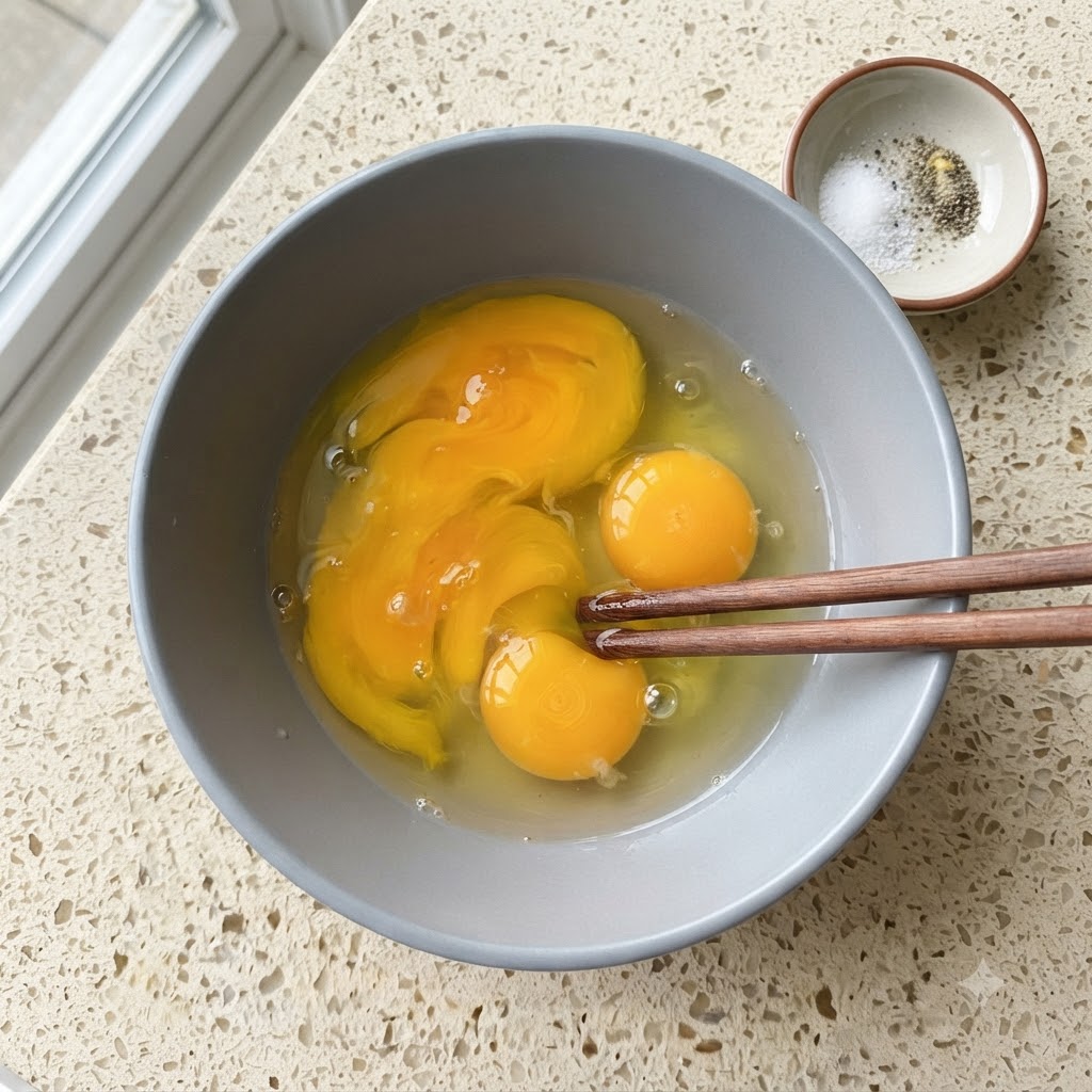 Dos huevos crudos batiéndose con palillos de madera dentro de un cuenco de cerámica gris.