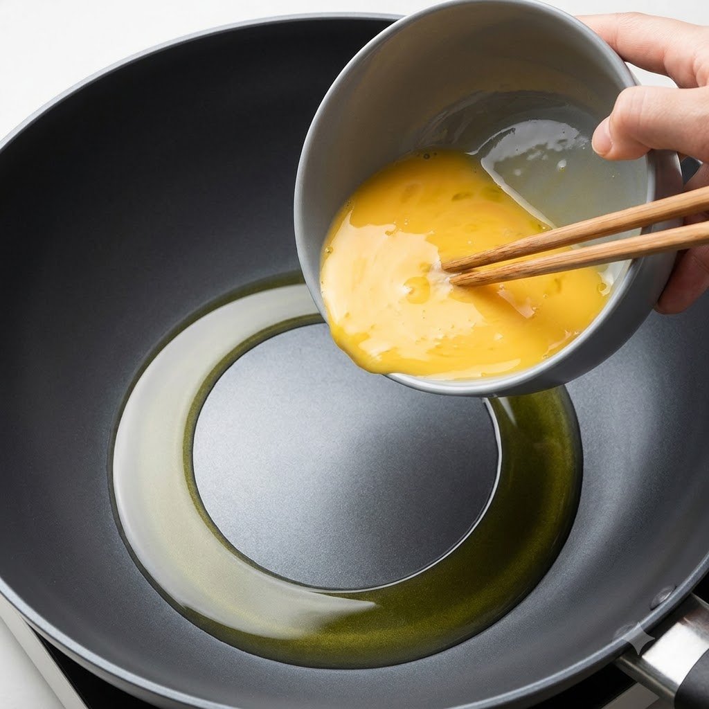 Mezcla de huevo batido vertiéndose desde un cuenco gris a un wok caliente con aceite.