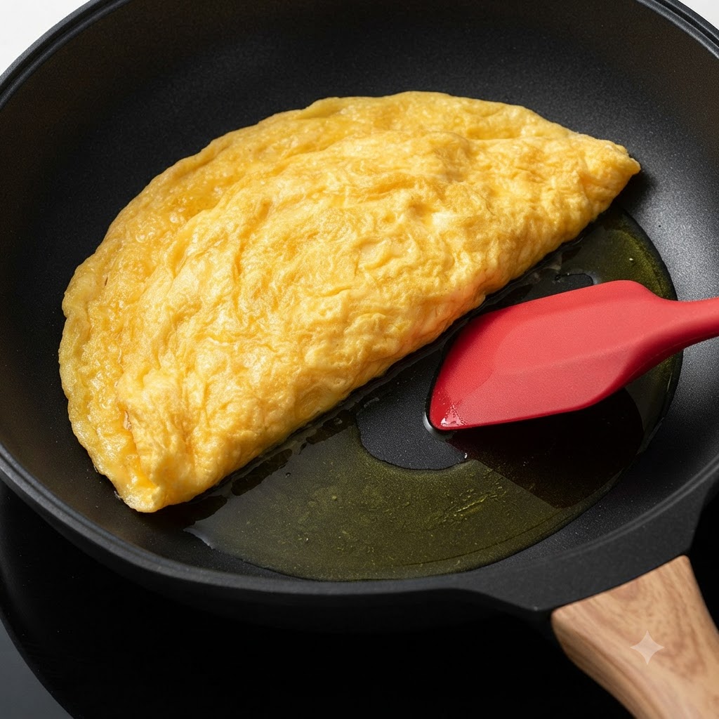 Huevos cocidos moviéndose en un wok con una espátula de silicona roja.