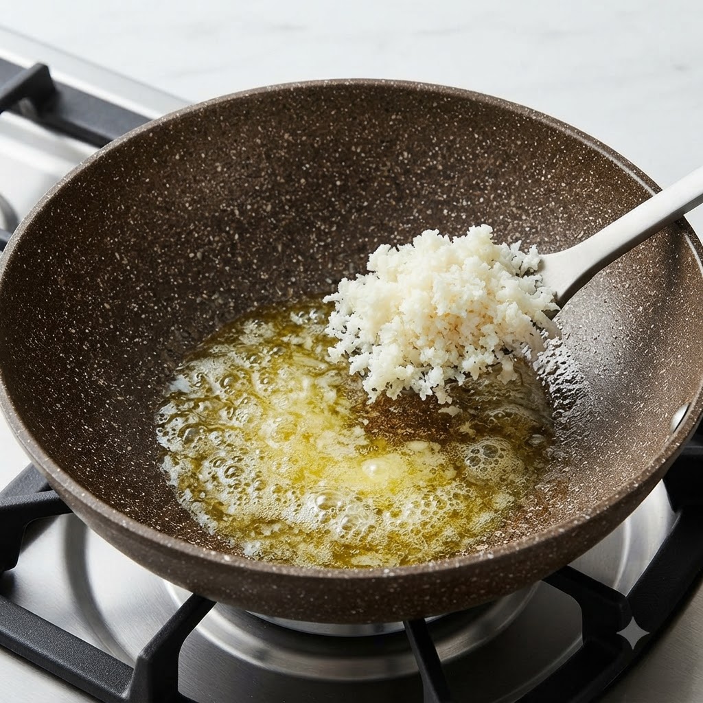 Arroz blanco cocido añadiéndose con una espátula a la mantequilla derretida en una sartén.