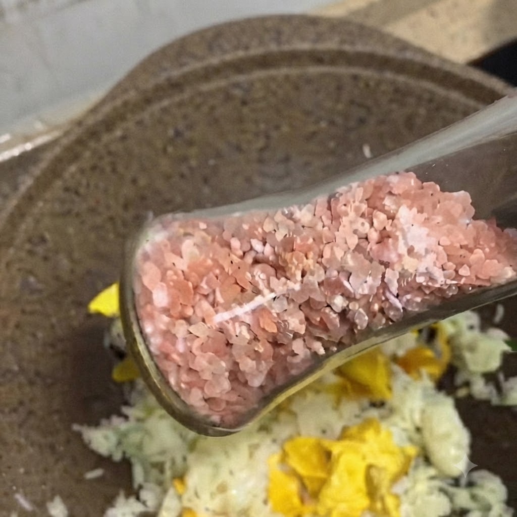 Un molinillo de cristal espolvoreando escamas de sal rosa y pimienta negra sobre el arroz frito en una sartén.