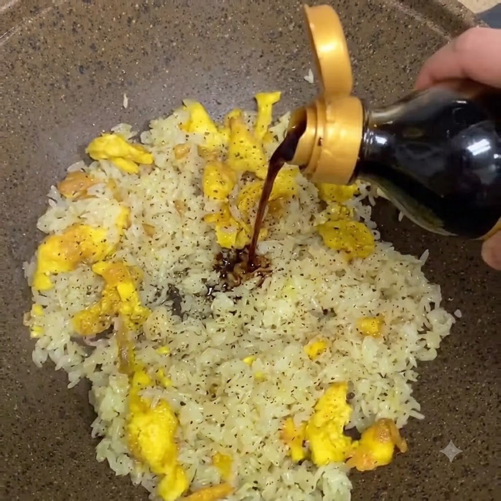 Salsa especial oscura vertiéndose desde un biberón de cocina en el centro del arroz frito en una sartén.
