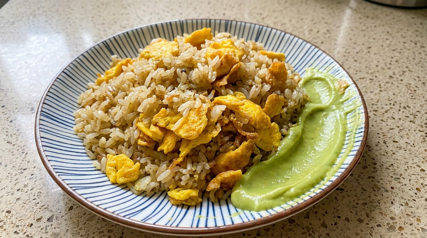Arroz Frito con Huevo y Mantequilla con Salsa de Aguacate