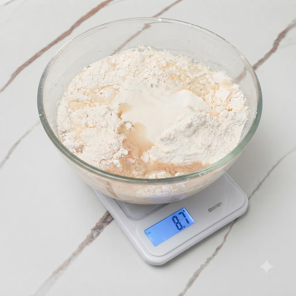 Un bol de cristal con harina, agua y otros ingredientes parcialmente mezclados sobre una báscula.