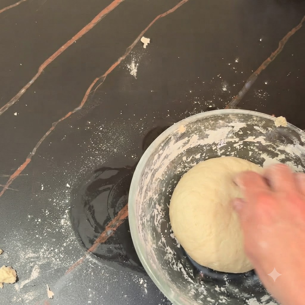 Una mano amasando una bola lisa de masa de pizza dentro de un bol de cristal sobre una encimera oscura.