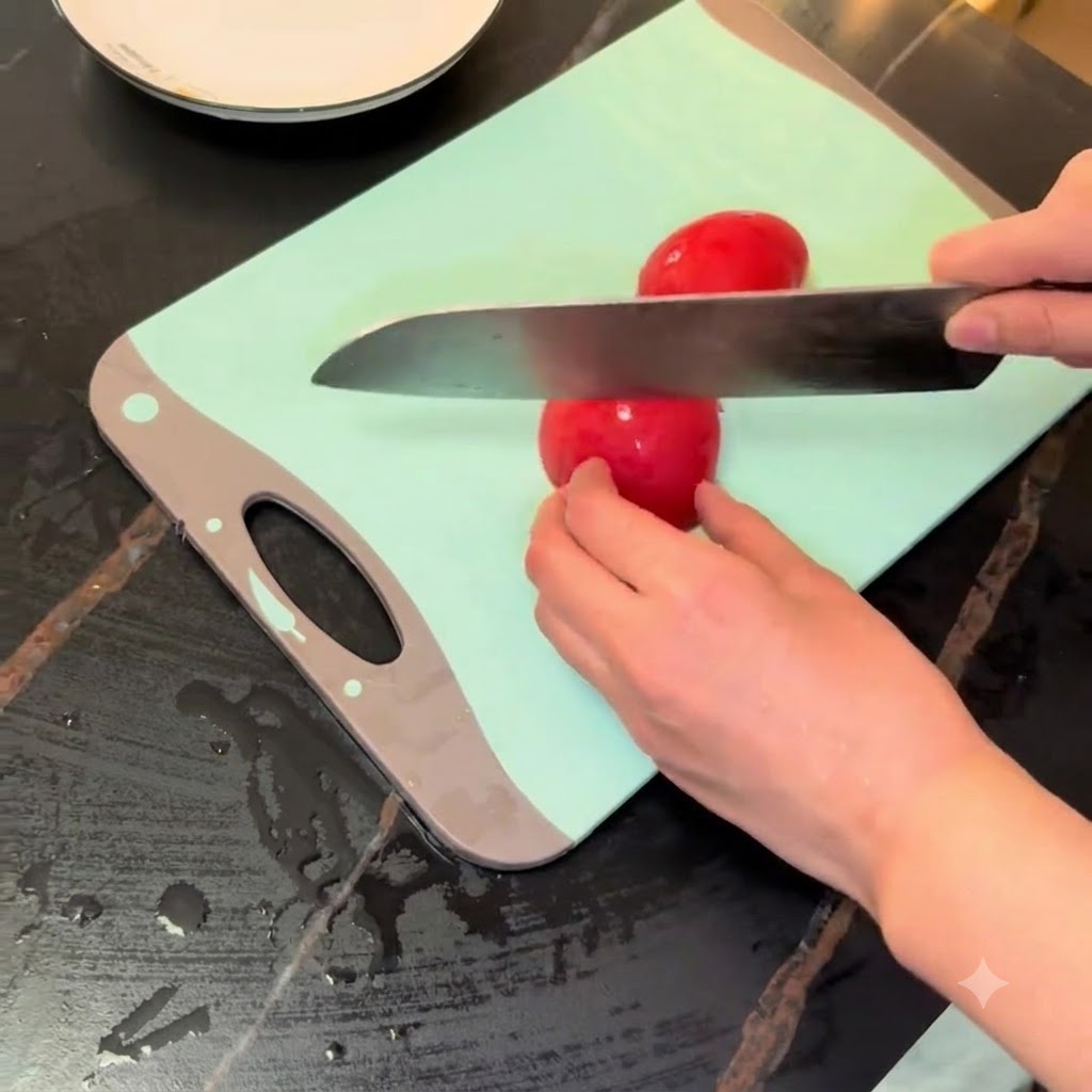 Un cuchillo de chef cortando un tomate rojo sobre una tabla de cortar de color verde claro junto a un plato blanco.