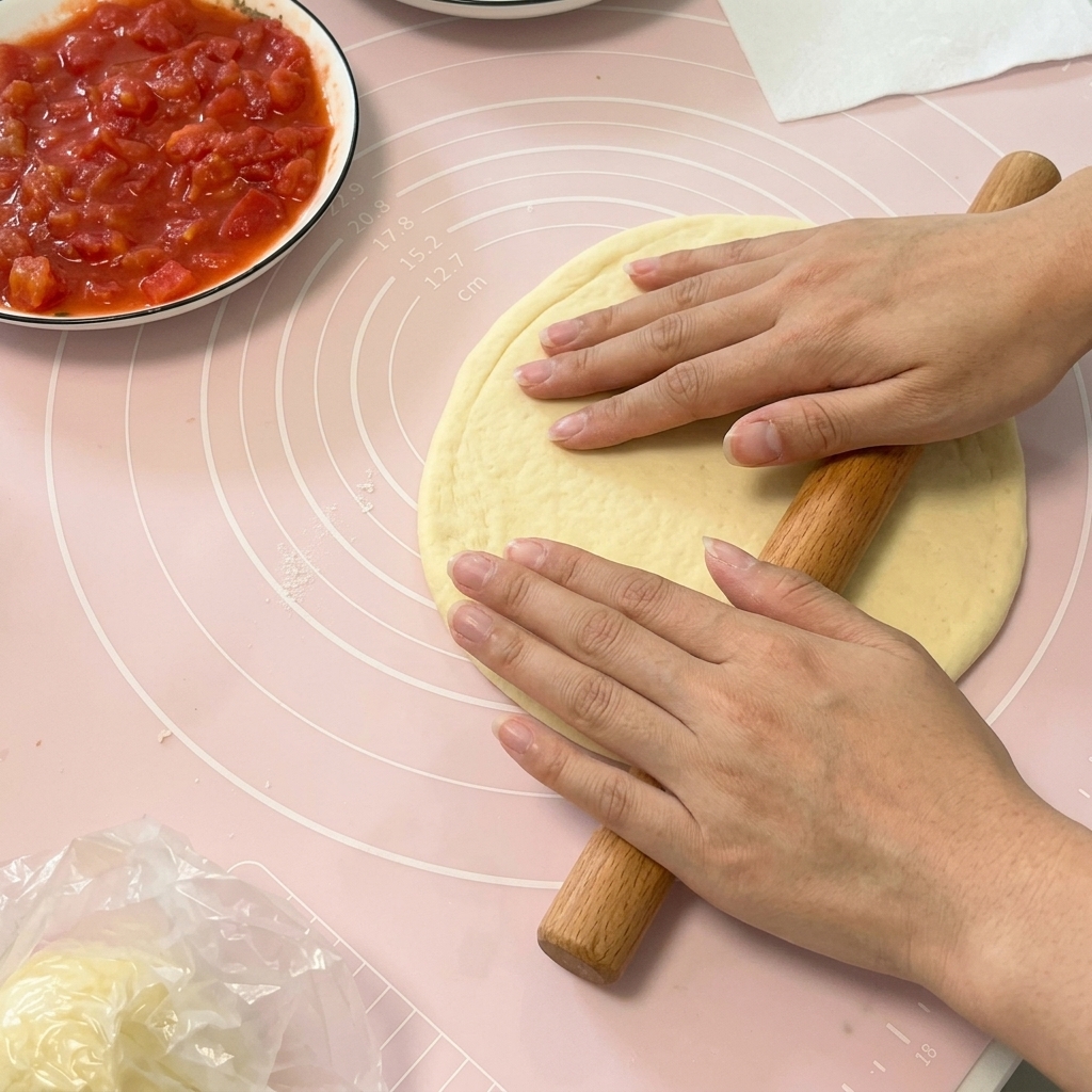 Dos manos usando un rodillo de madera para aplanar la masa de pizza en una lámina circular fina sobre un tapete de silicona rosa.