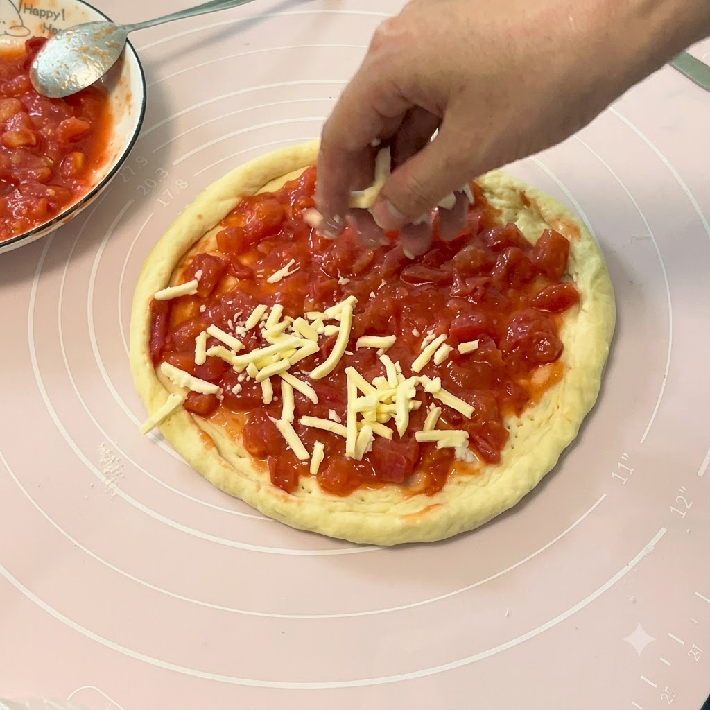 Una mano espolvoreando queso rallado sobre una capa de tomates cortados en dados y cocinados, esparcidos sobre una base de masa cruda.