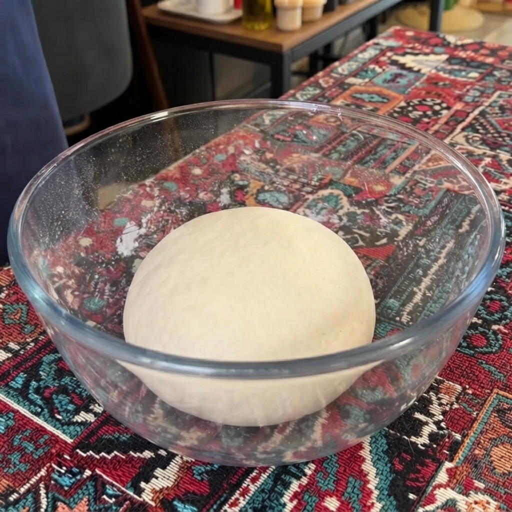 Una bola de masa redonda y lisa reposando dentro de un bol de vidrio después de ser untada con aceite de oliva.