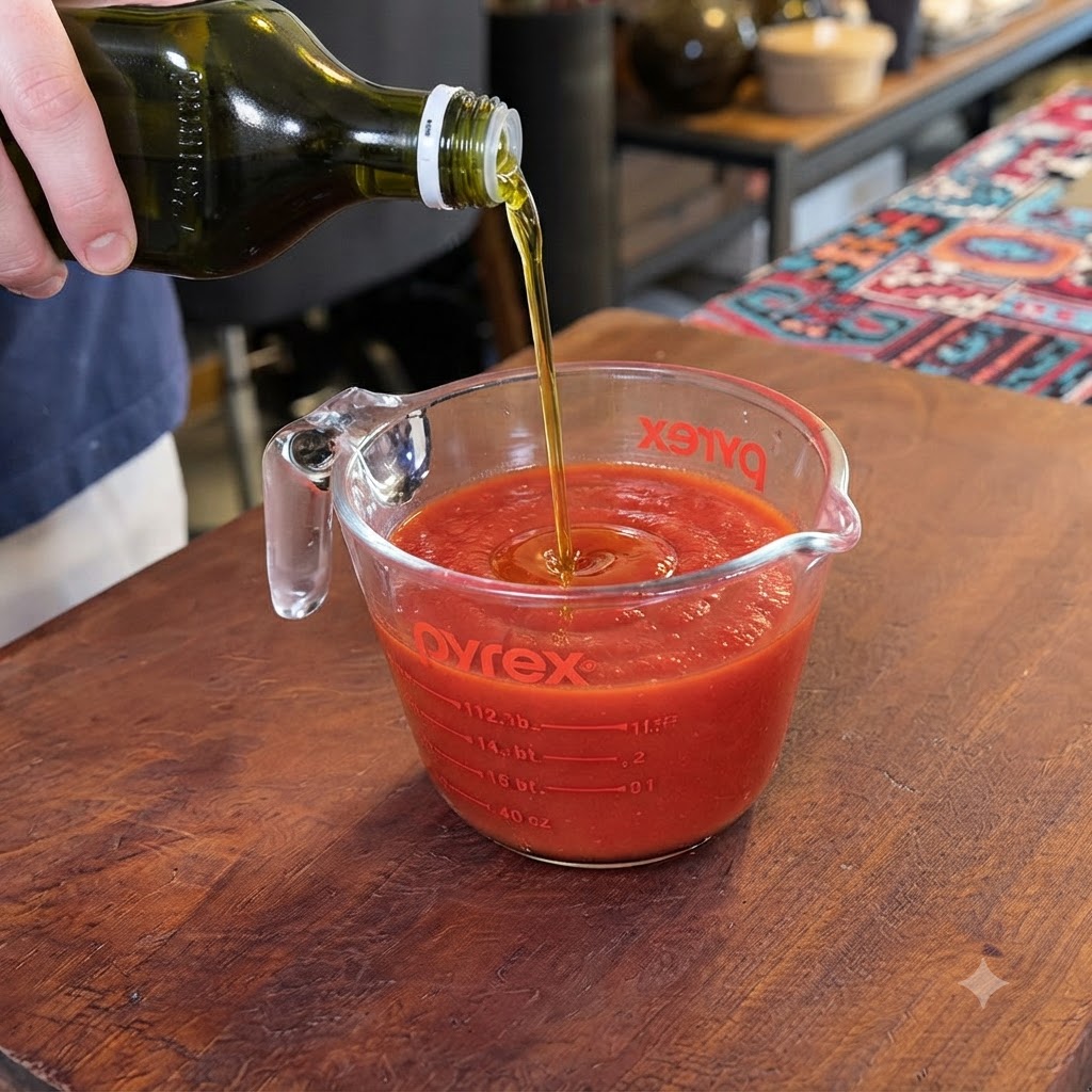 Aceite de oliva siendo vertido desde una botella de vidrio en una taza medidora transparente llena de salsa de tomate roja.