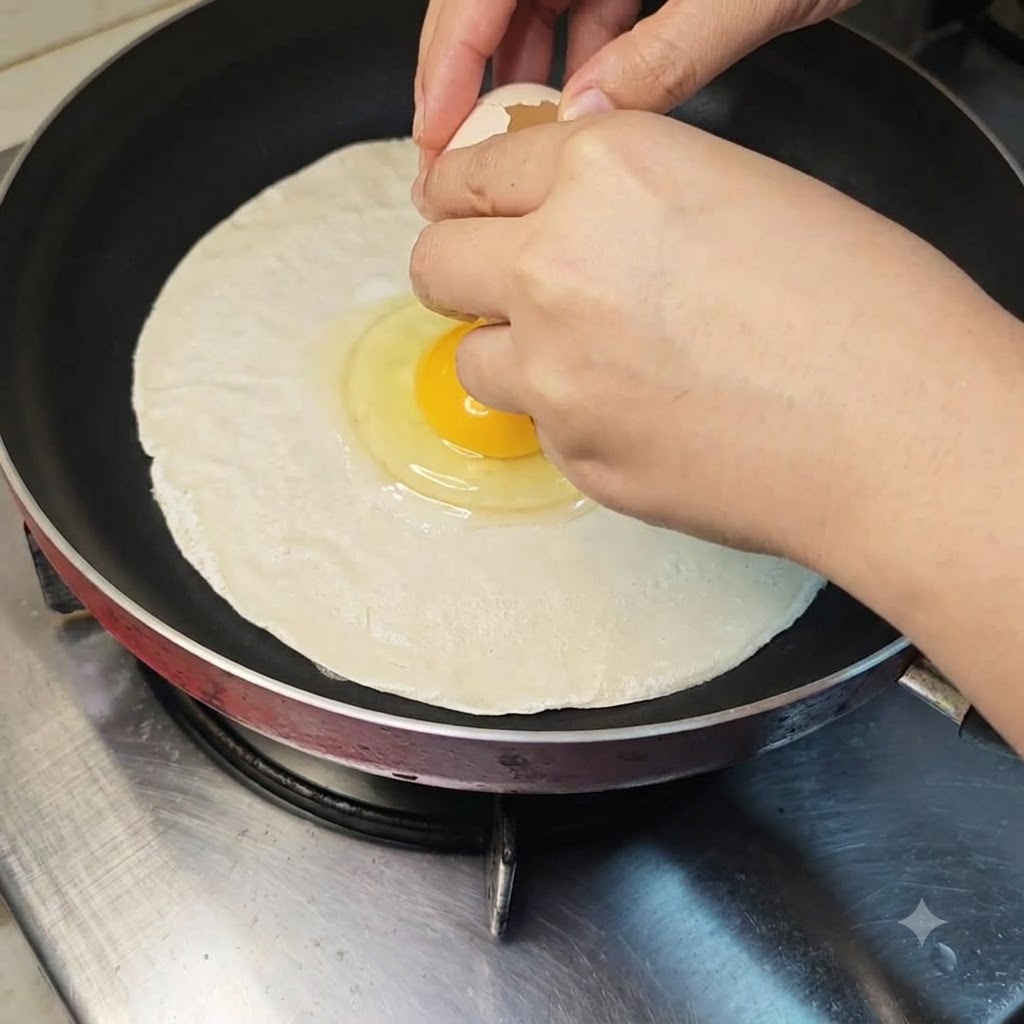 Un huevo siendo cascado directamente en el medio de un panqueque de cebollino crudo en una sartén.