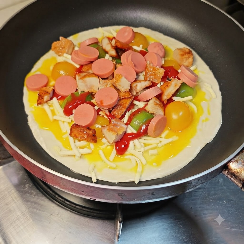Rodajas redondas de salchicha de jamón siendo dispuestas de manera uniforme sobre los ingredientes en la sartén.