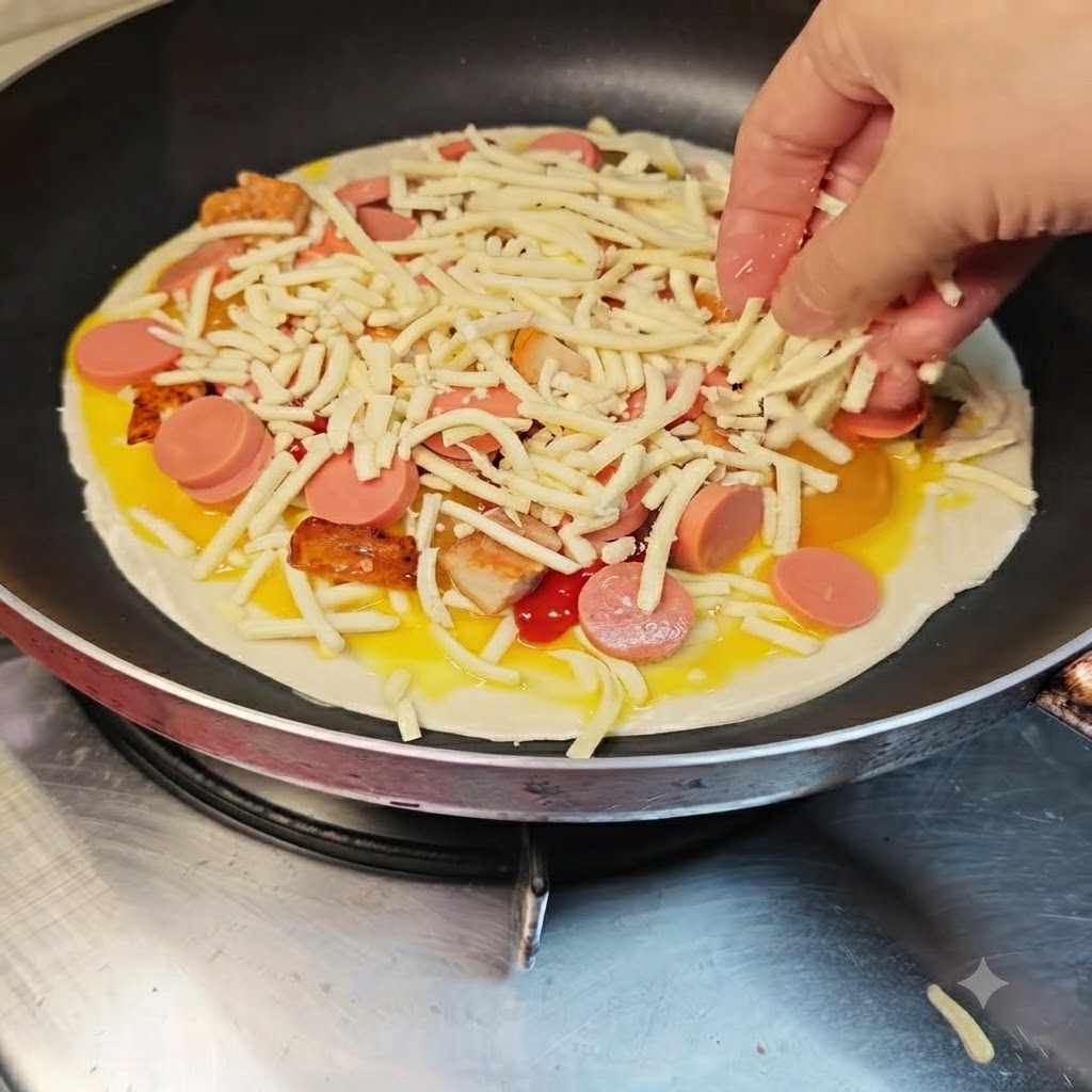 Una mano esparciendo un puñado generoso de queso rallado sobre los ingredientes de la pizza.